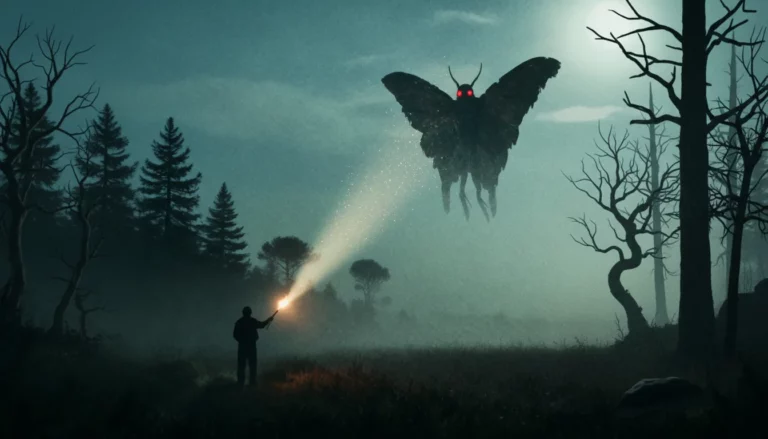 Illustration of a winged Mothman figure above a person holding a torch