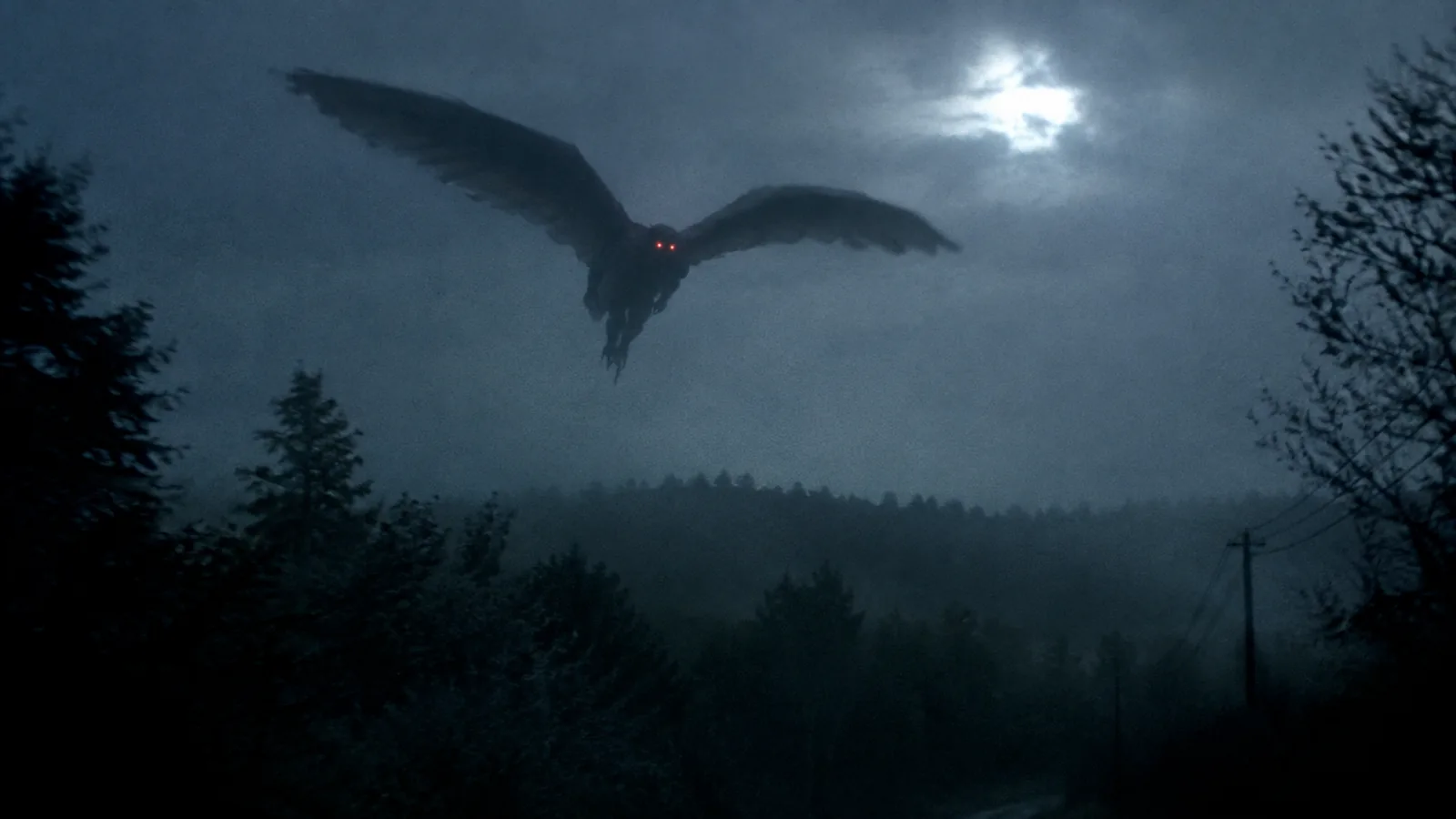 Illustration of a winged Mothman silhouette beneath the moon