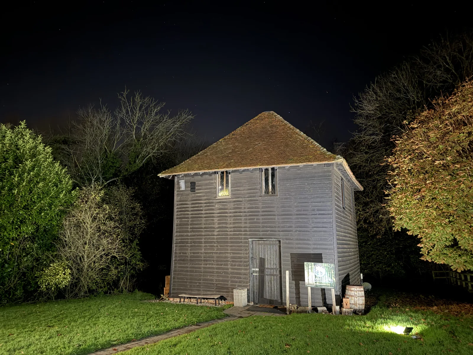 The Ancient Purity dovecote illuminated at night