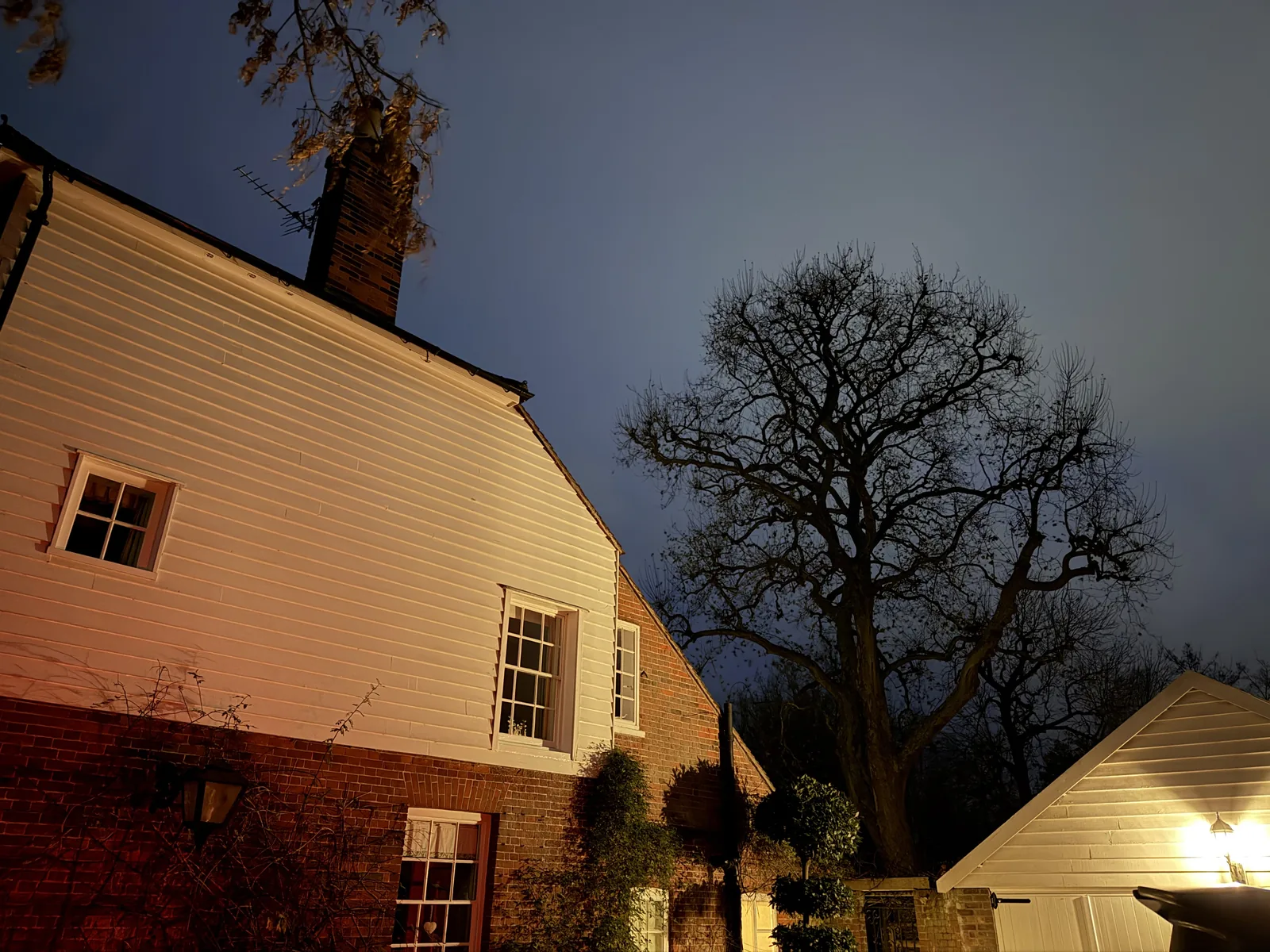 Night view of the Mill House and surrounding trees
